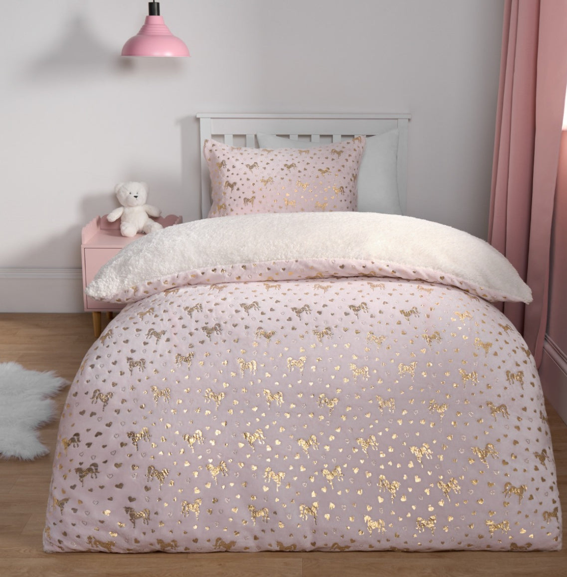 Metallic Heart & Unicorn Fleece Duvet Set - Pink 🇬🇧