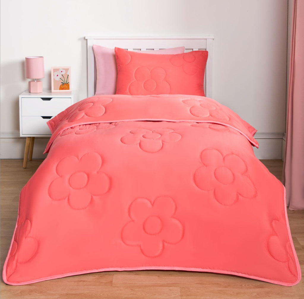 Coverless Daisy Quilted 7.5 Tog Duvet Set - Coral Pink 🇬🇧