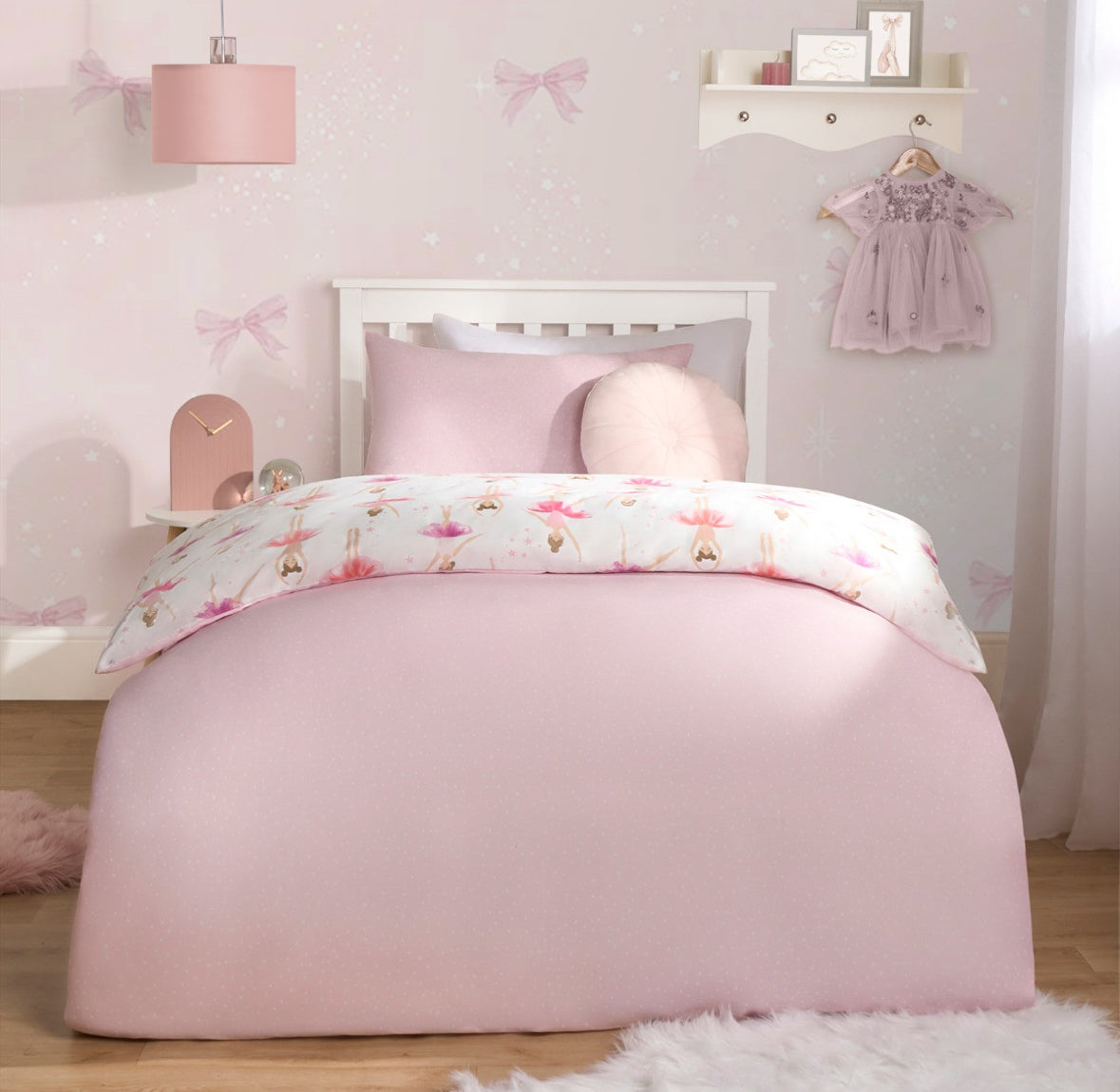 Kids Ballerina Print Reversible Duvet Cover Set - Pink/White single 🇬🇧