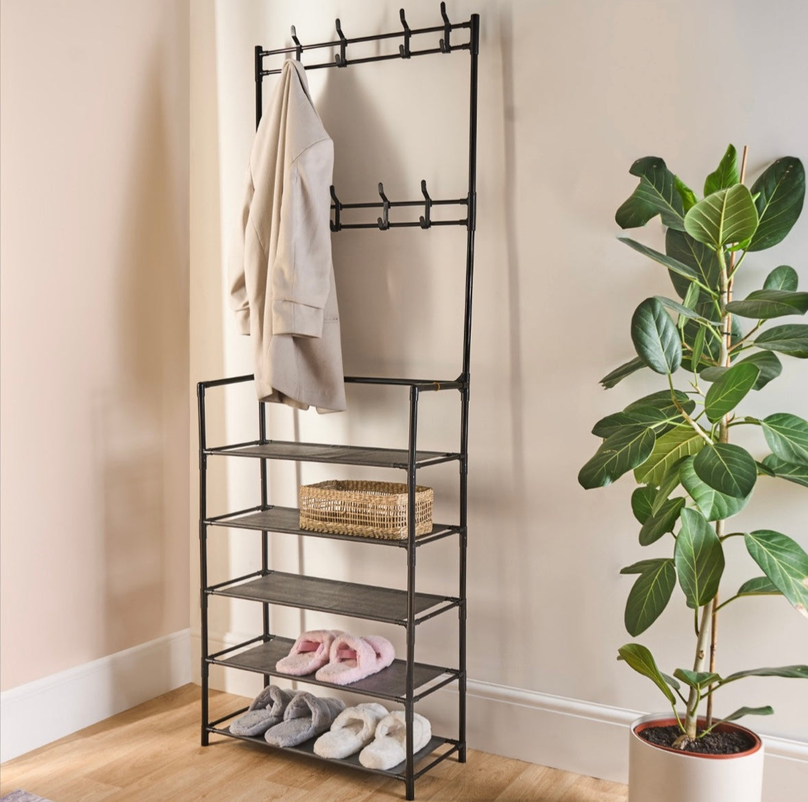 16 Hook Garment Rack with Shelving - Black 🇬🇧