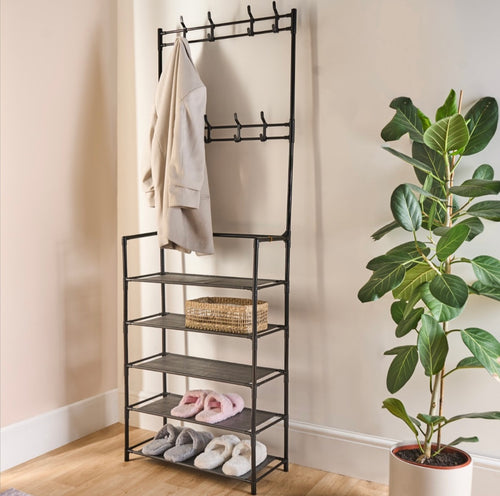 16 Hook Garment Rack with Shelving - Black 🇬🇧