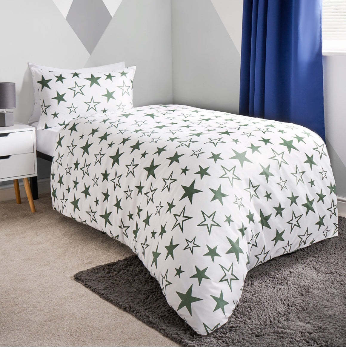 Kids Star Print Reversible Duvet Set Twin Pack - Navy/Green Junior/cot 🇬🇧