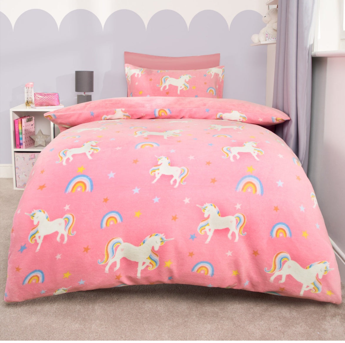 Unicorn Print Fleece Duvet Set - Pink, single 🇬🇧
