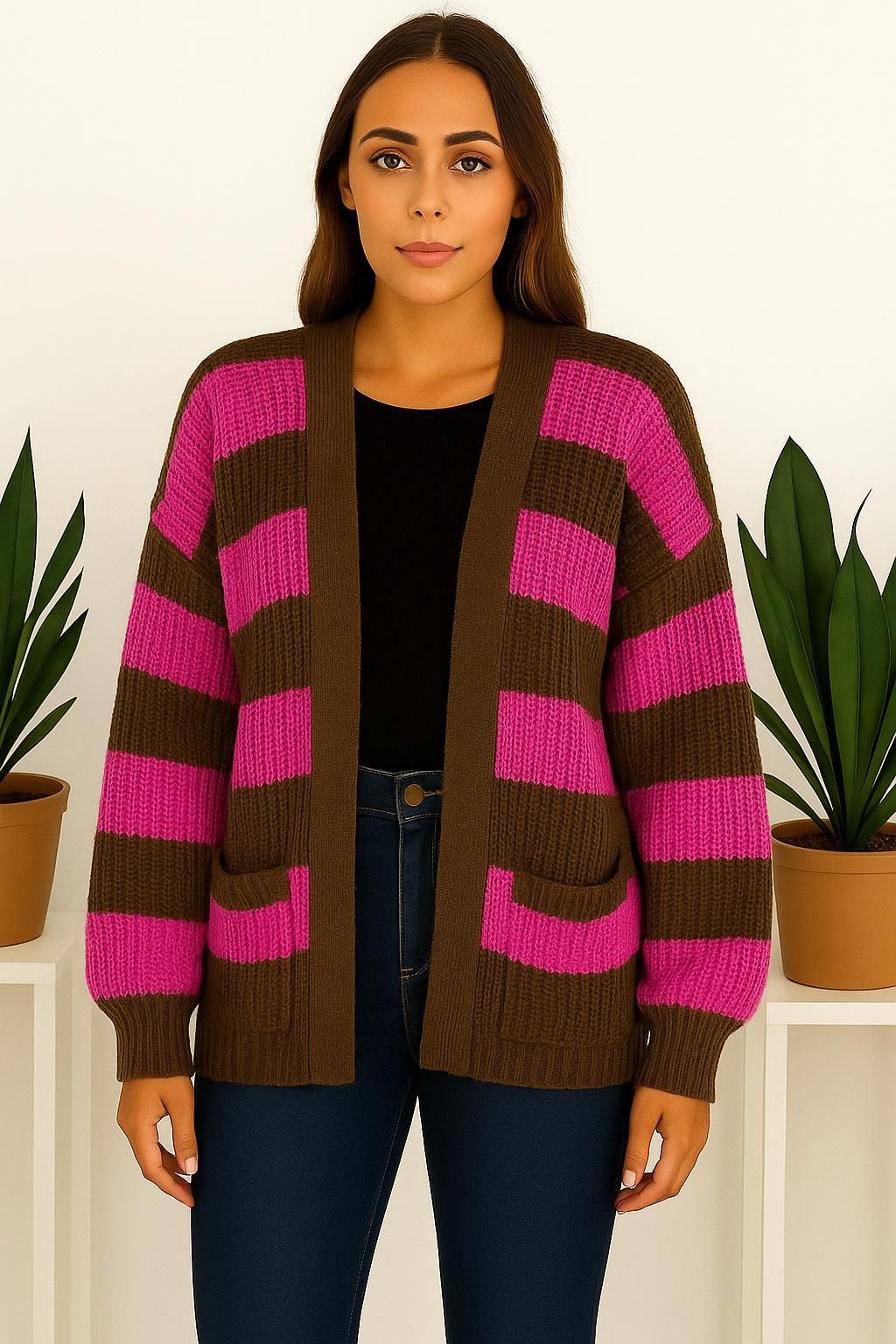 Knitted Stripped Balloon Sleeve Cropped Cardigan 🇬🇧