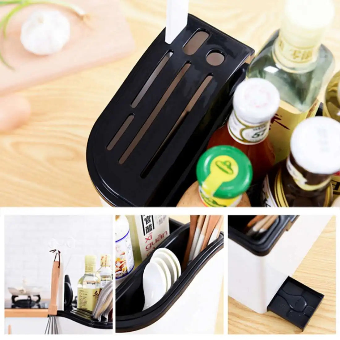 Kitchen Shelf Seasoning Container Spice Pots Box Storage Organizer Tableware Cutlery Knives Holder With Moisture Proof Cover 🇨🇳
