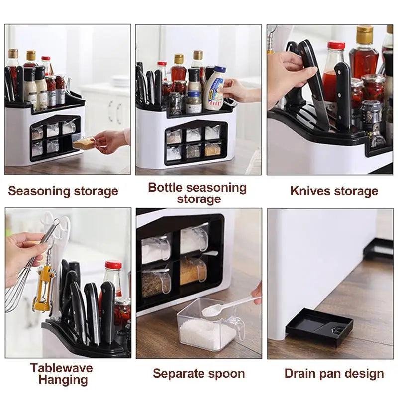 Kitchen Shelf Seasoning Container Spice Pots Box Storage Organizer Tableware Cutlery Knives Holder With Moisture Proof Cover 🇨🇳