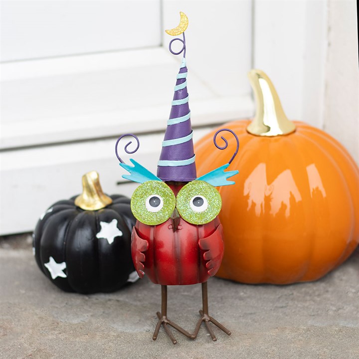 Red Metal Owl Ornament with Witch Hat 🇬🇧