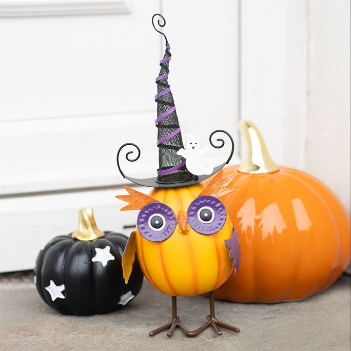 Orange Metal Owl Ornament with Witch Hat and Ghost 🇬🇧