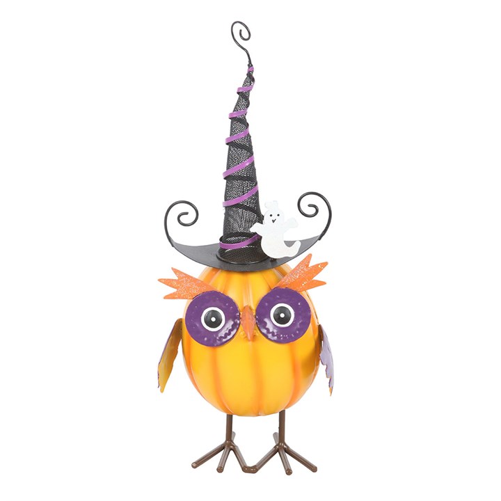 Orange Metal Owl Ornament with Witch Hat and Ghost 🇬🇧