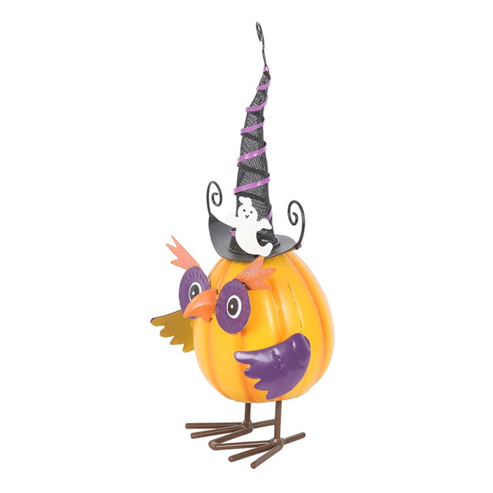 Orange Metal Owl Ornament with Witch Hat and Ghost 🇬🇧
