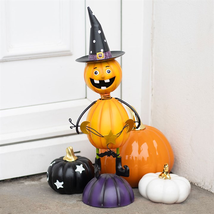 Orange Metal Pumpkin Man Ornament with Witch Hat 🇬🇧
