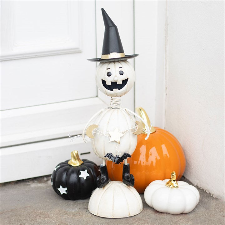 White Metal Pumpkin Man Ornament with Witch Hat 🇬🇧