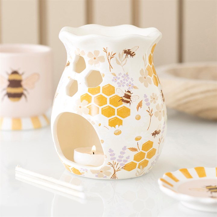 Honey Bee Print Fluted Oil Burner and Wax Warmer 🇬🇧