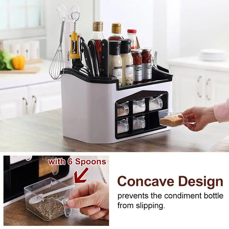 Kitchen Shelf Seasoning Container Spice Pots Box Storage Organizer Tableware Cutlery Knives Holder With Moisture Proof Cover 🇨🇳