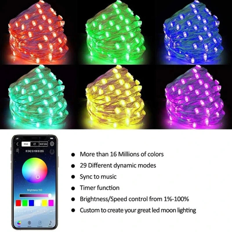 LED String Lights For Christmas Tree Decor 20m 200LED App Remote Control RGB Lighting String 🇨🇳