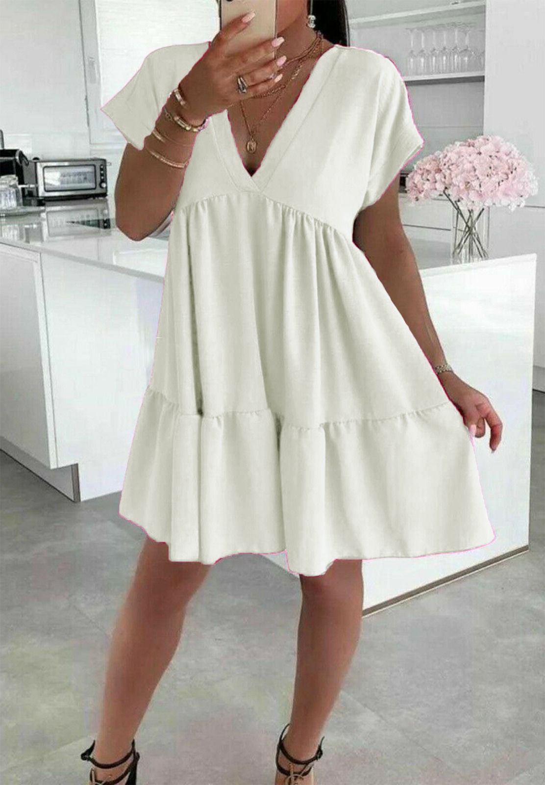Ladies Italian V Neck Smock Dress 🇬🇧