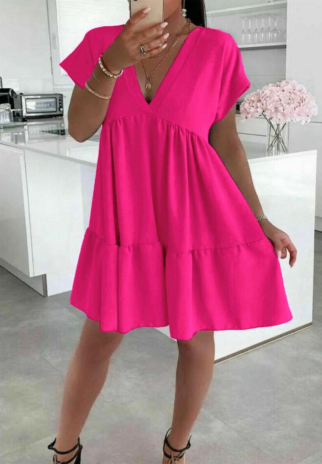 Ladies Italian V Neck Smock Dress 🇬🇧