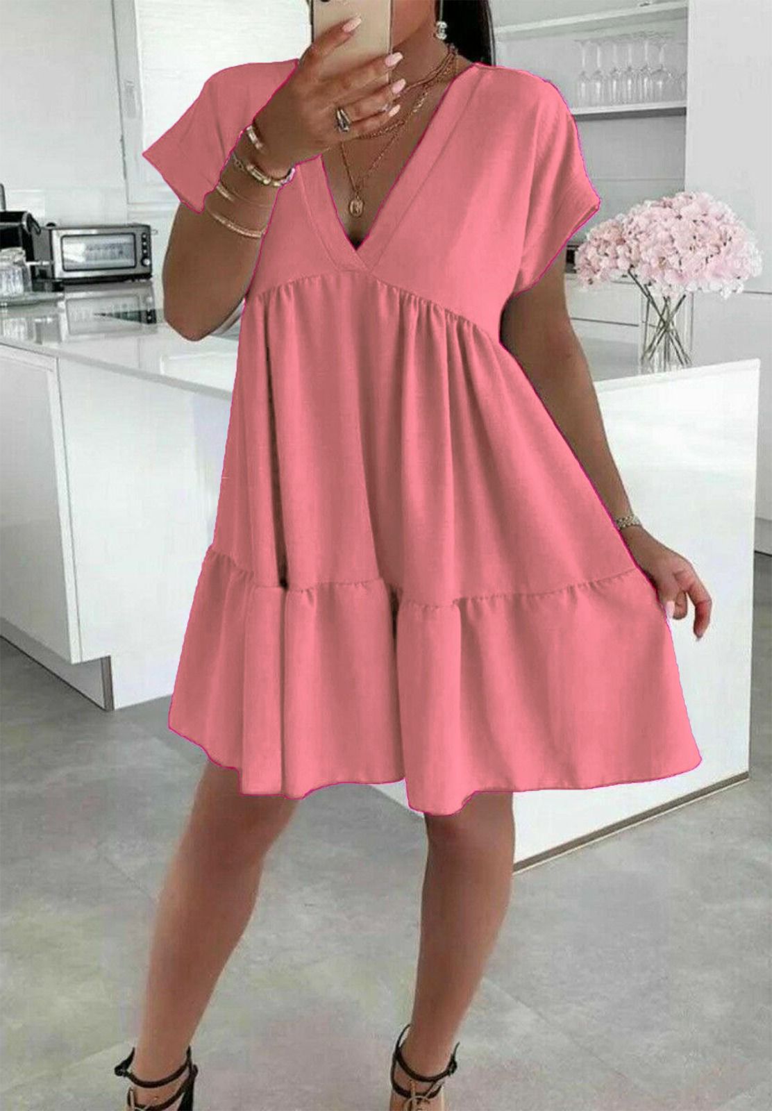 Ladies Italian V Neck Smock Dress 🇬🇧
