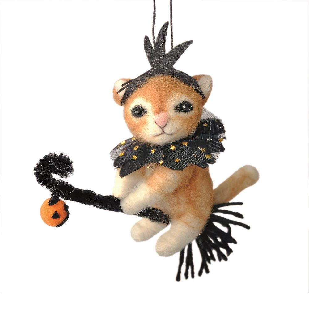 Felt Fancy Ginger Cat on a Broomstick Hanging Decoration (15.5cm) 🇬🇧