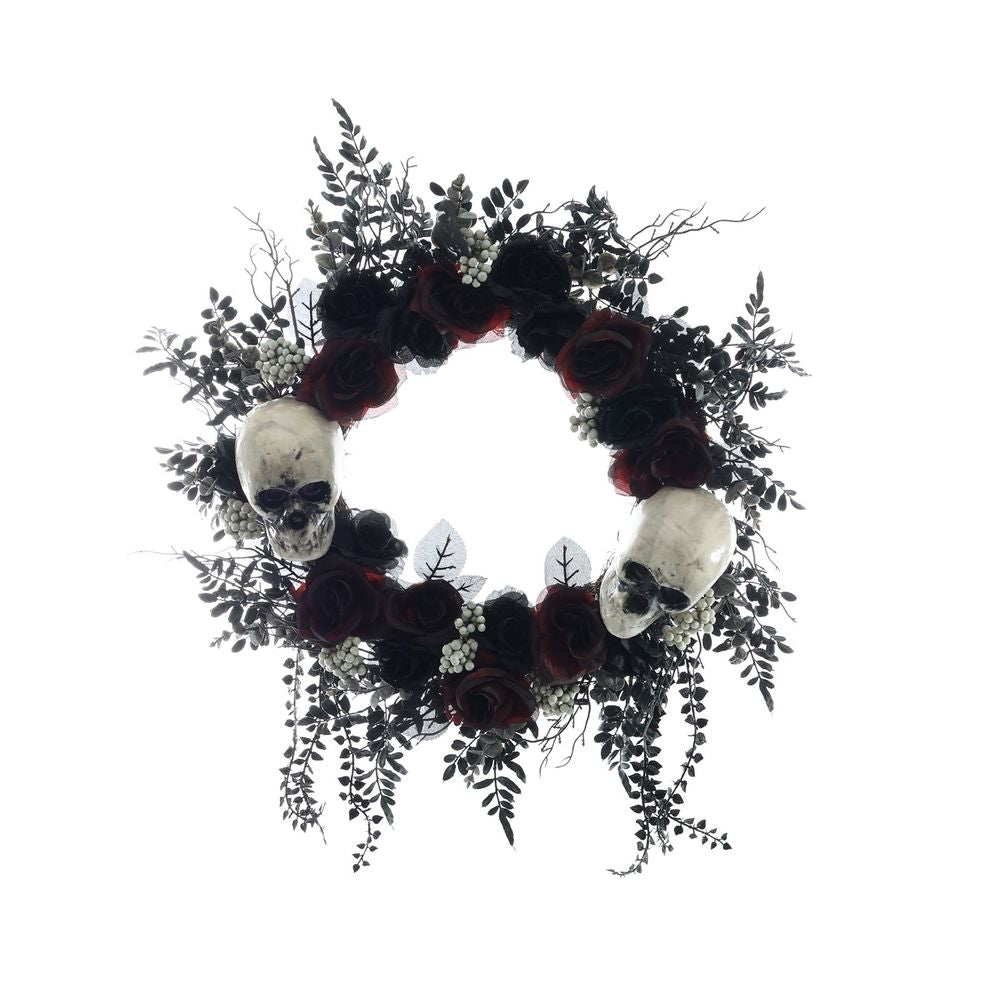 Halloween Wreath Skulls with Burgundy & Black Roses - 60cm 🇬🇧