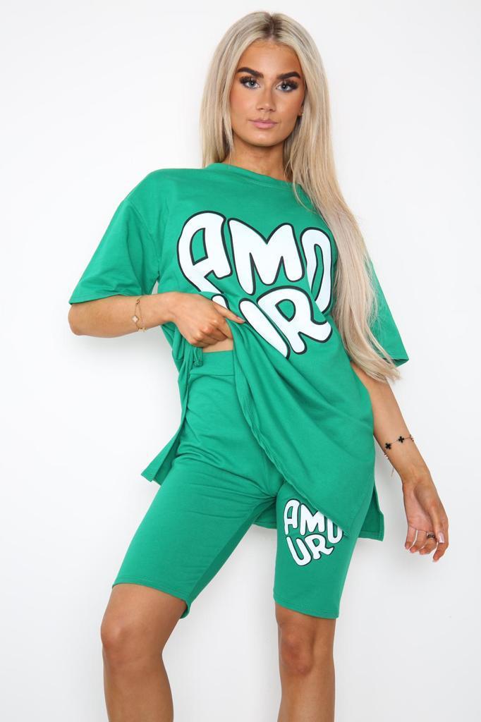 Amour Side Slit Cycling Short and T-Shirts Co-Ord Two Piece Set with Front Amour Slogan 🇬🇧