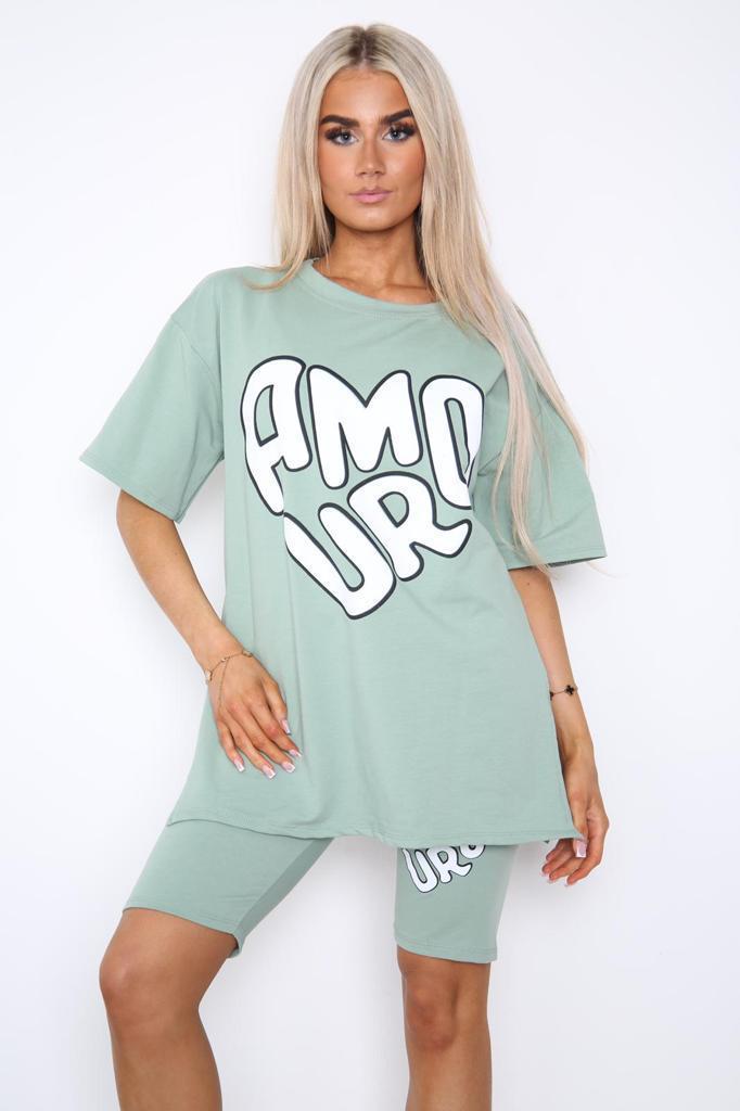 Amour Side Slit Cycling Short and T-Shirts Co-Ord Two Piece Set with Front Amour Slogan 🇬🇧