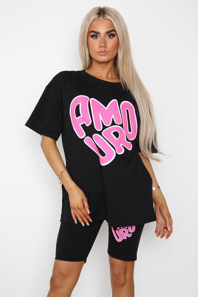Amour Side Slit Cycling Short and T-Shirts Co-Ord Two Piece Set with Front Amour Slogan 🇬🇧