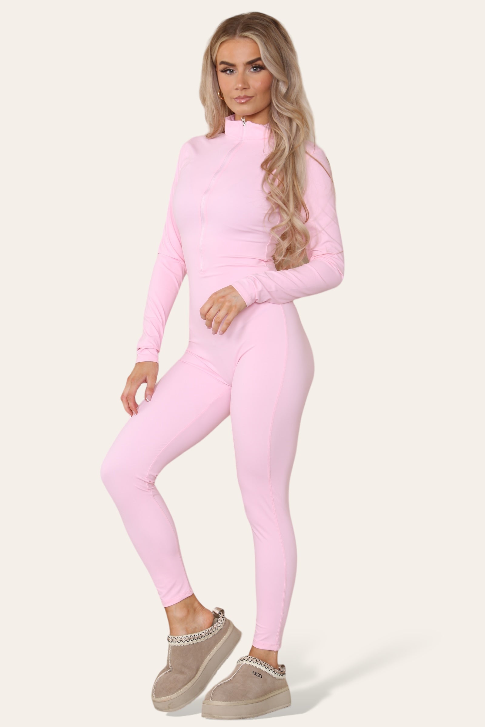 Ribbed High Neck Zipper Collar Jumpsuit Front Unitard Set 🇬🇧