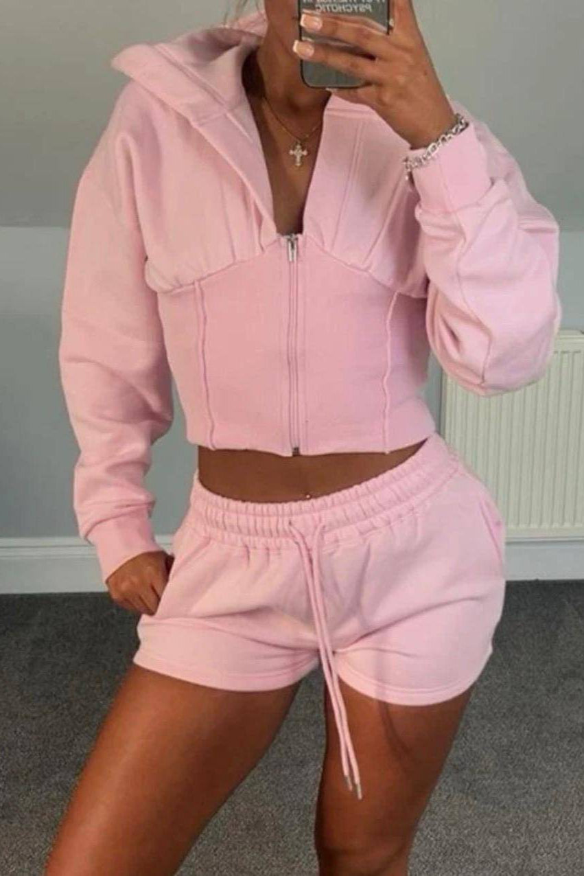 Cropped Zipped Co-Ord Hooded Short Set 🇬🇧