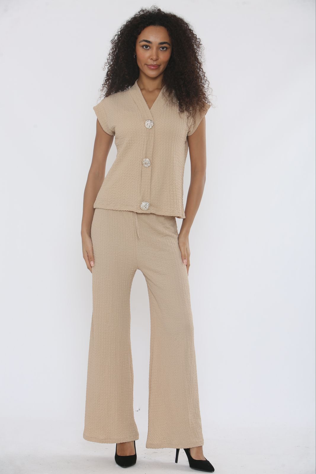 V-Neck Cheesecloth Gold Button Top & Wide Leg Trouser Co-Ord Suit 🇬🇧