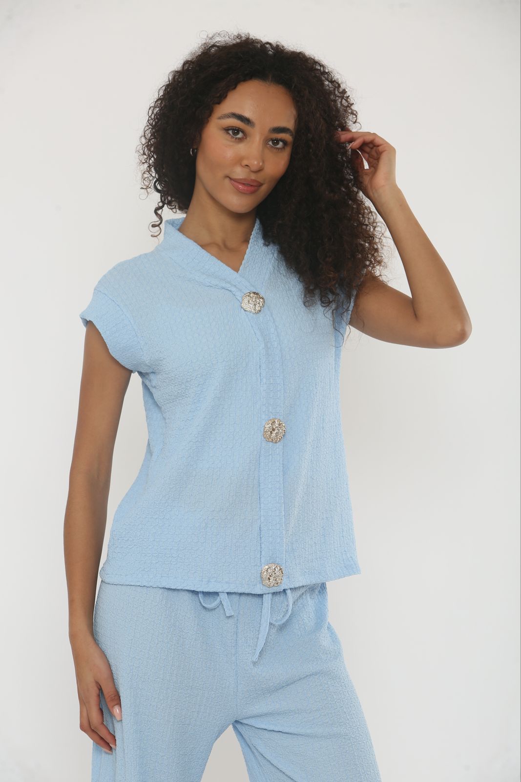 V-Neck Cheesecloth Gold Button Top & Wide Leg Trouser Co-Ord Suit 🇬🇧