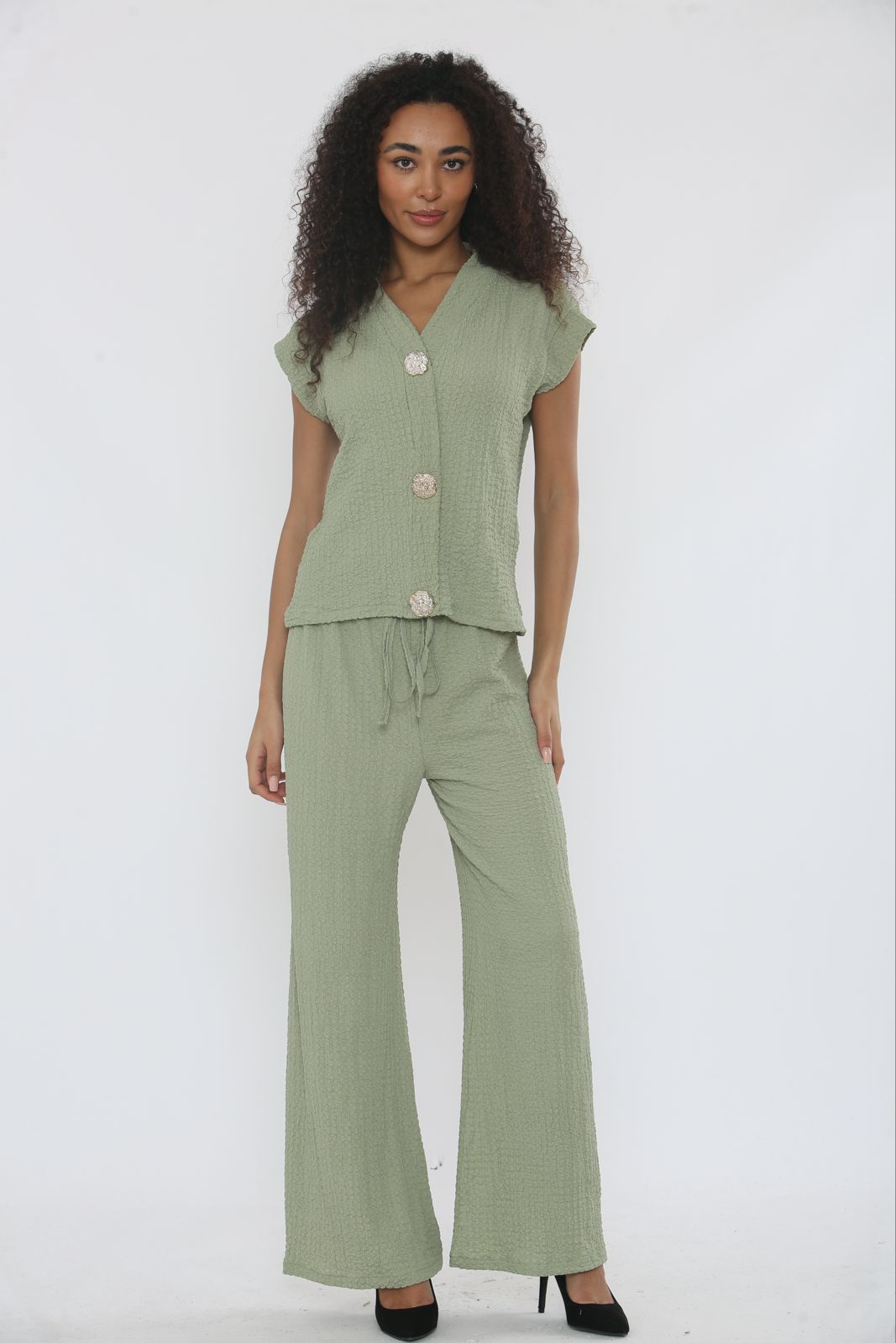 V-Neck Cheesecloth Gold Button Top & Wide Leg Trouser Co-Ord Suit 🇬🇧