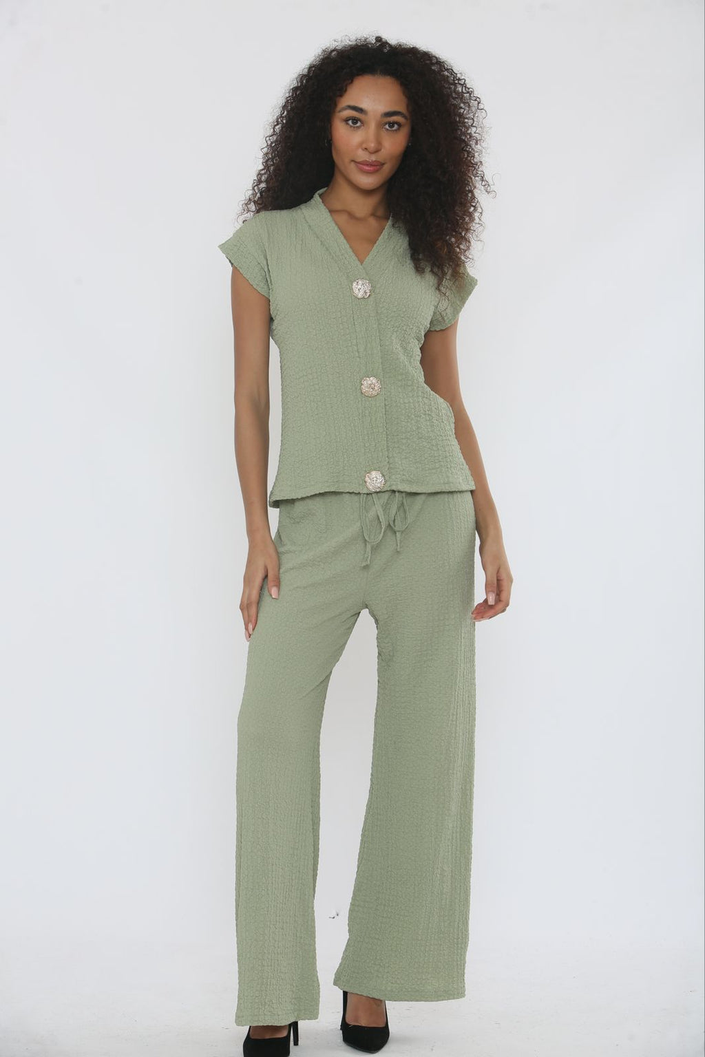 V-Neck Cheesecloth Gold Button Top & Wide Leg Trouser Co-Ord Suit 🇬🇧