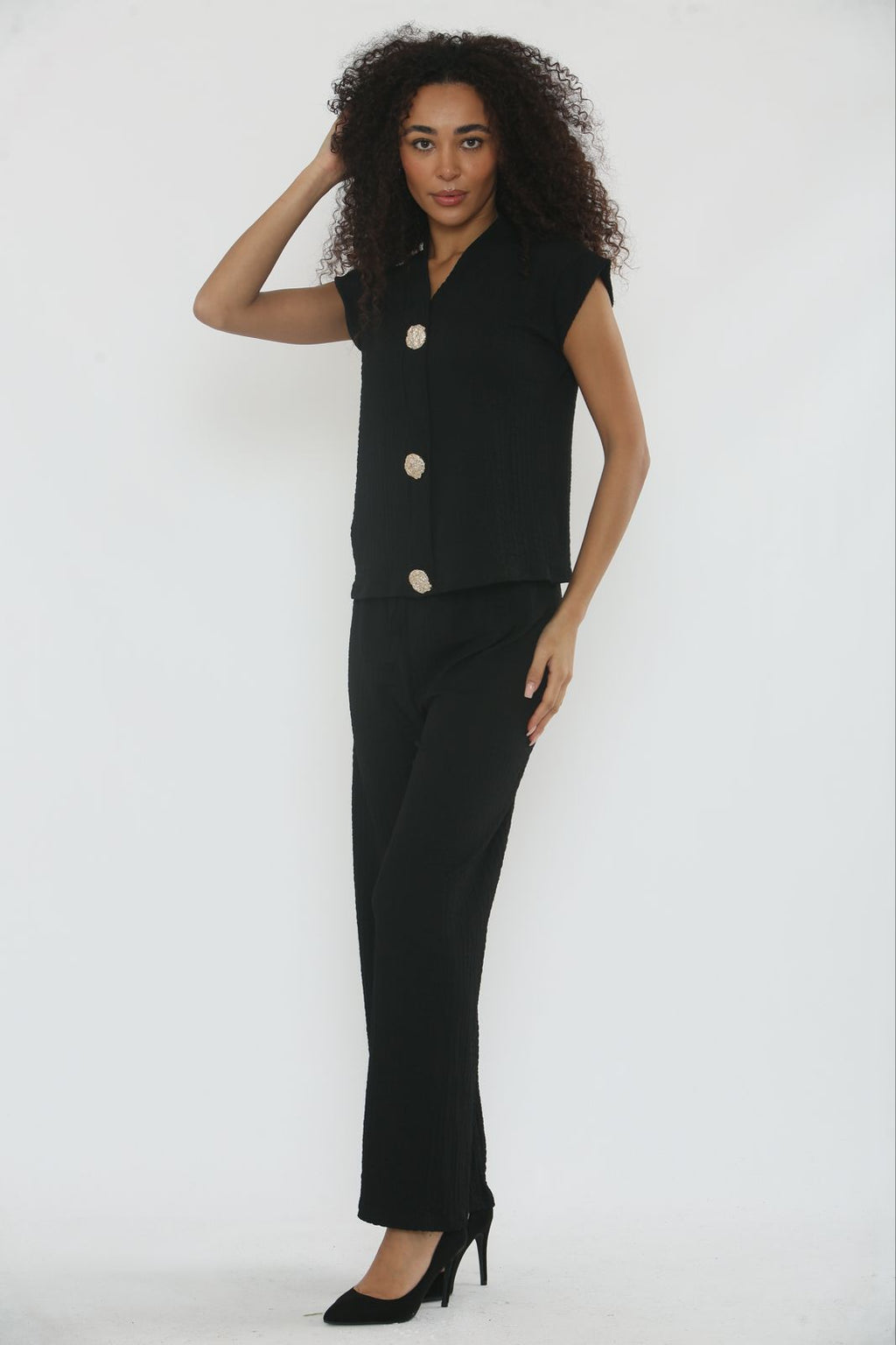 V-Neck Cheesecloth Gold Button Top & Wide Leg Trouser Co-Ord Suit 🇬🇧