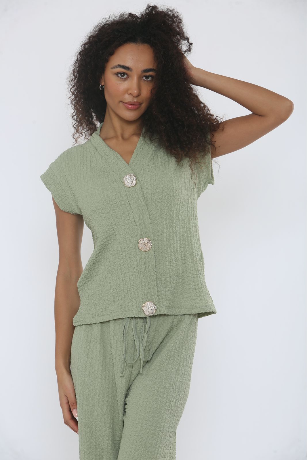V-Neck Cheesecloth Gold Button Top & Wide Leg Trouser Co-Ord Suit 🇬🇧