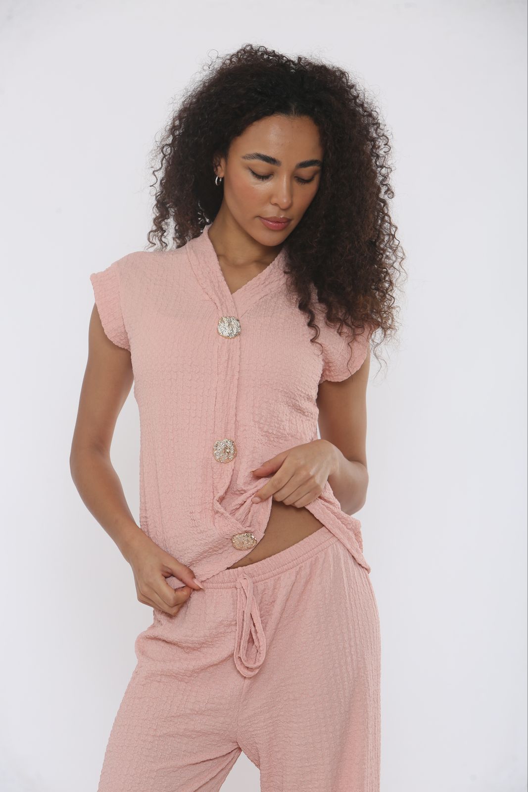 V-Neck Cheesecloth Gold Button Top & Wide Leg Trouser Co-Ord Suit 🇬🇧
