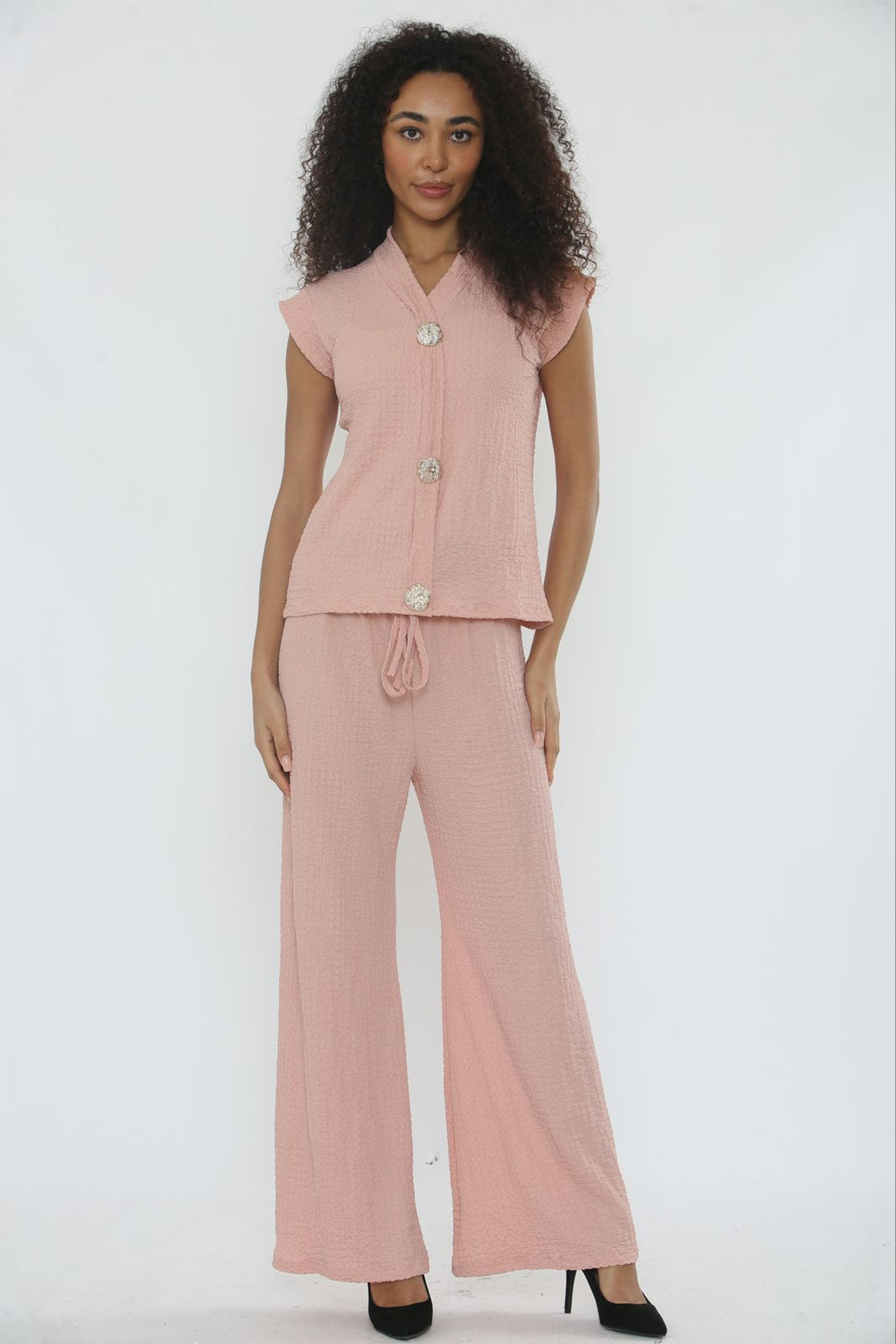 V-Neck Cheesecloth Gold Button Top & Wide Leg Trouser Co-Ord Suit 🇬🇧