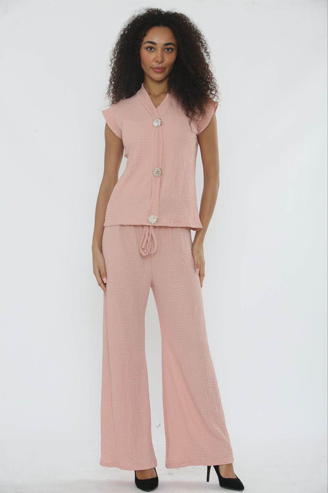 V-Neck Cheesecloth Gold Button Top & Wide Leg Trouser Co-Ord Suit 🇬🇧