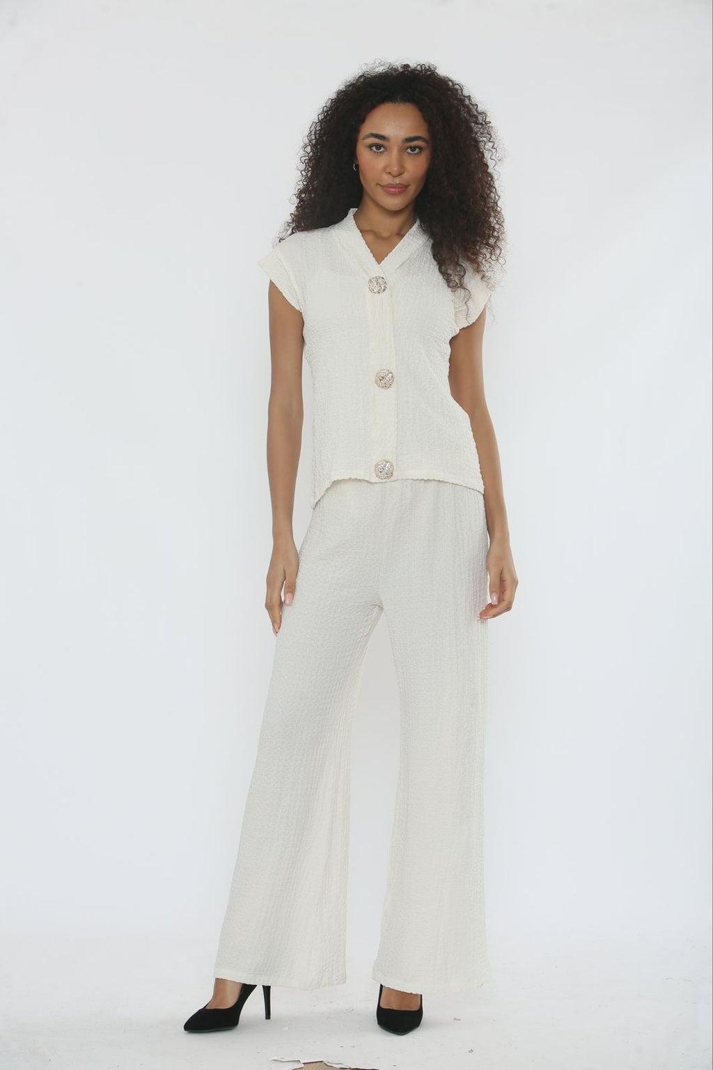 V-Neck Cheesecloth Gold Button Top & Wide Leg Trouser Co-Ord Suit 🇬🇧