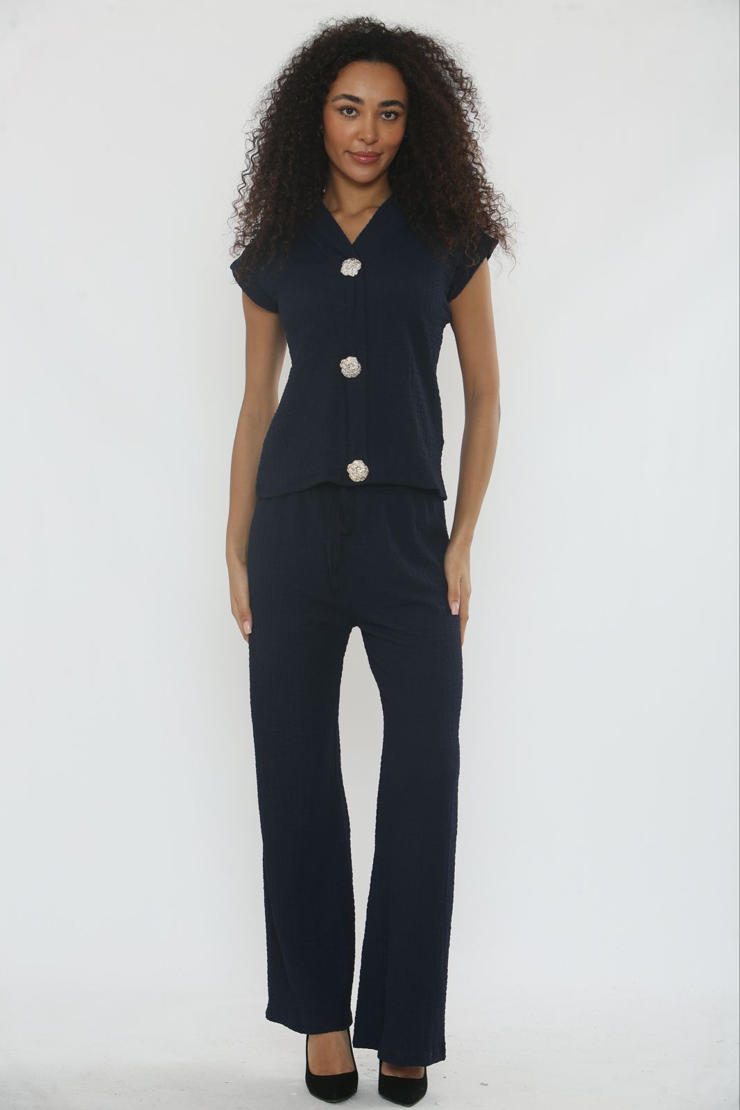 V-Neck Cheesecloth Gold Button Top & Wide Leg Trouser Co-Ord Suit 🇬🇧