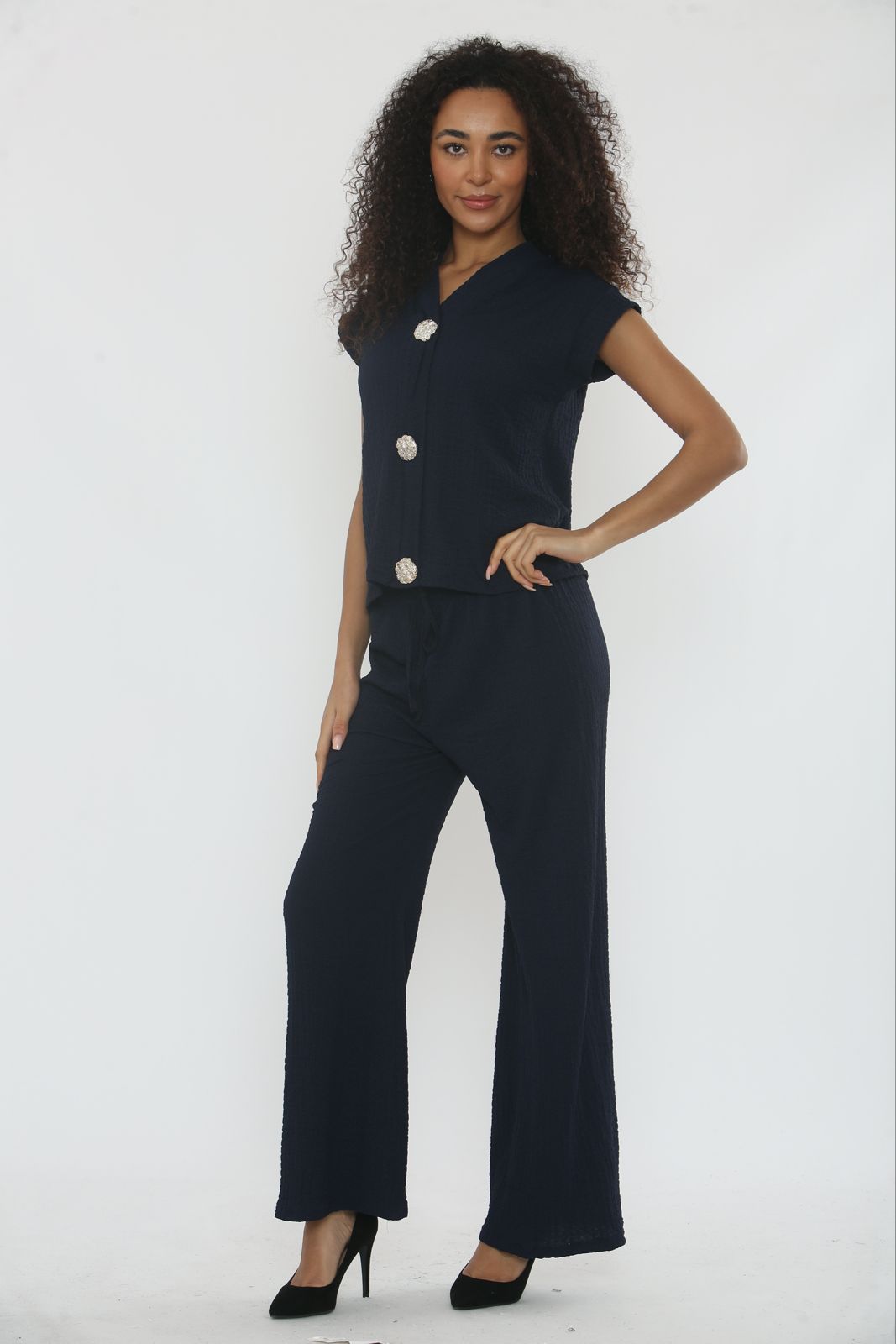 V-Neck Cheesecloth Gold Button Top & Wide Leg Trouser Co-Ord Suit 🇬🇧