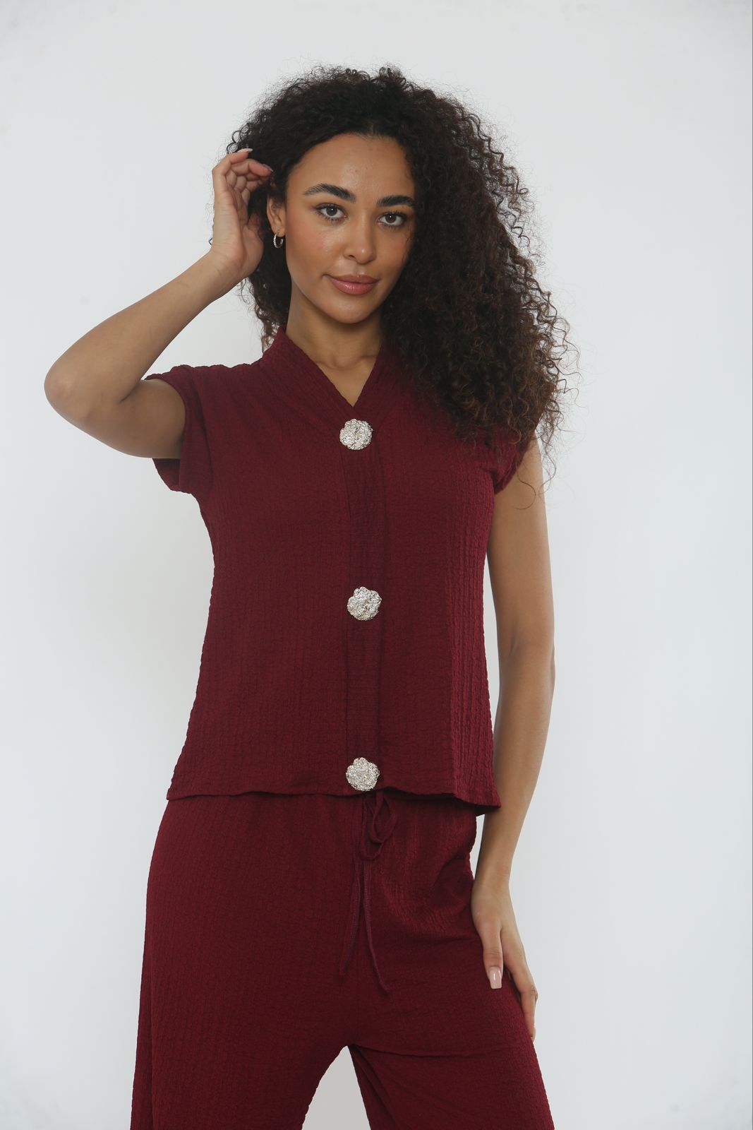 V-Neck Cheesecloth Gold Button Top & Wide Leg Trouser Co-Ord Suit 🇬🇧