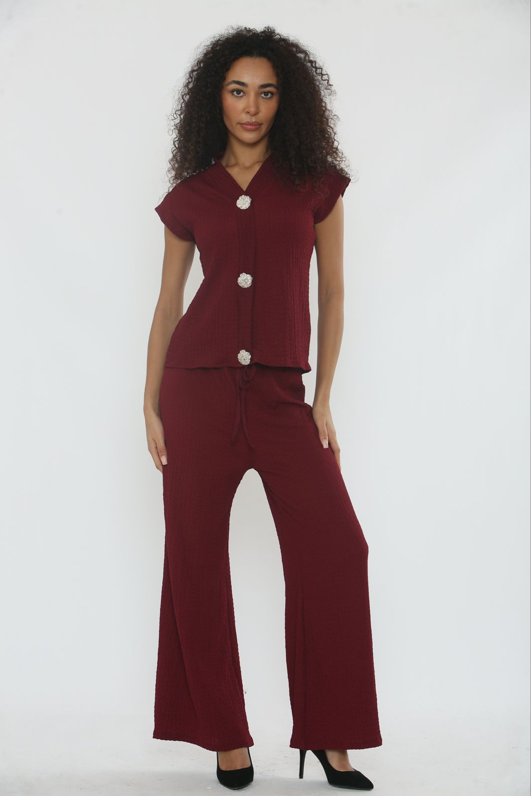 V-Neck Cheesecloth Gold Button Top & Wide Leg Trouser Co-Ord Suit 🇬🇧