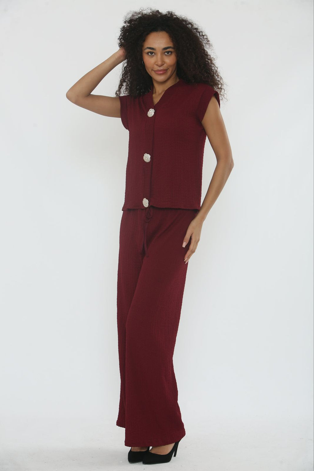 V-Neck Cheesecloth Gold Button Top & Wide Leg Trouser Co-Ord Suit 🇬🇧