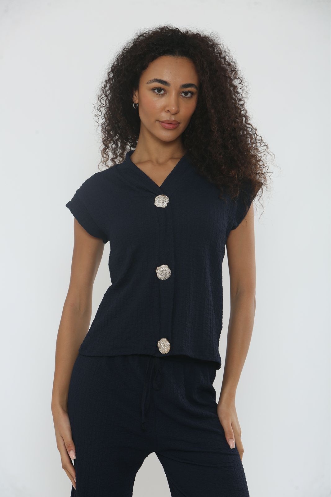 V-Neck Cheesecloth Gold Button Top & Wide Leg Trouser Co-Ord Suit 🇬🇧