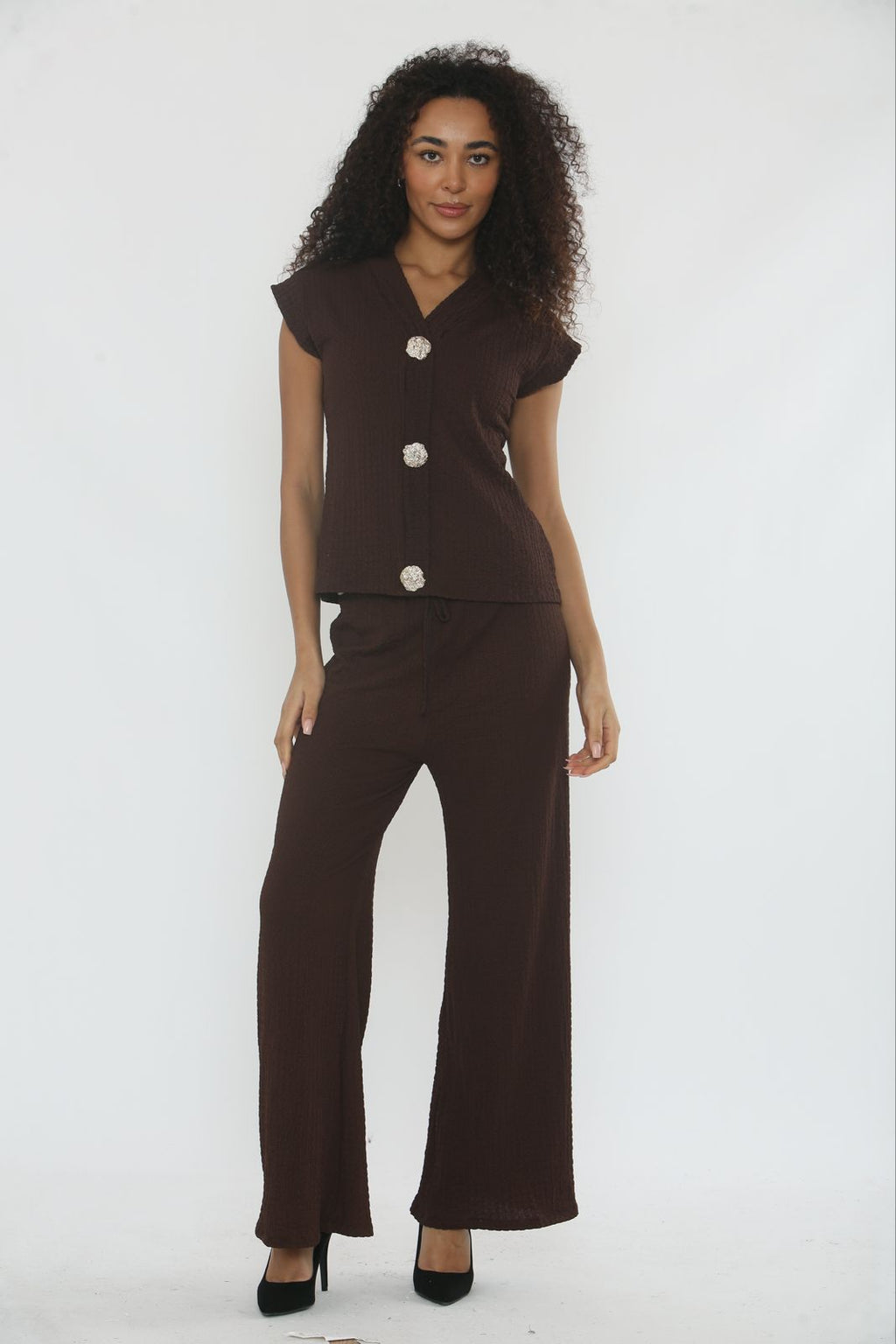 V-Neck Cheesecloth Gold Button Top & Wide Leg Trouser Co-Ord Suit 🇬🇧