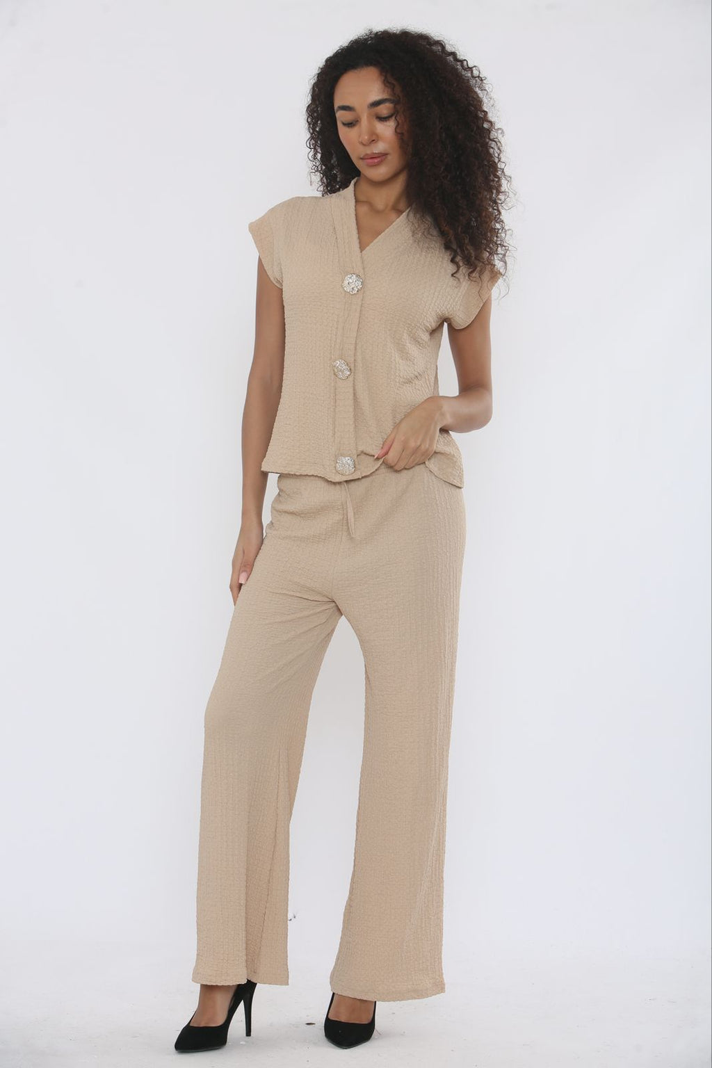 V-Neck Cheesecloth Gold Button Top & Wide Leg Trouser Co-Ord Suit 🇬🇧