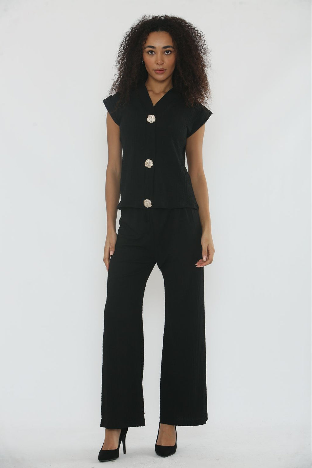V-Neck Cheesecloth Gold Button Top & Wide Leg Trouser Co-Ord Suit 🇬🇧