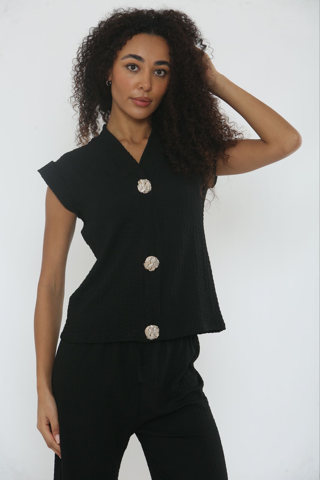 V-Neck Cheesecloth Gold Button Top & Wide Leg Trouser Co-Ord Suit 🇬🇧