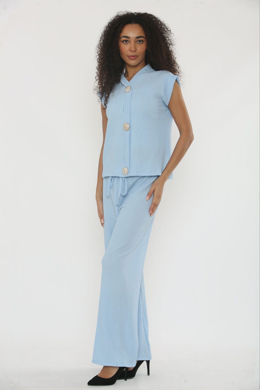 V-Neck Cheesecloth Gold Button Top & Wide Leg Trouser Co-Ord Suit 🇬🇧
